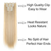 A bundle of long, straight blonde hair extensions with clip-on pieces shown next to descriptive text.