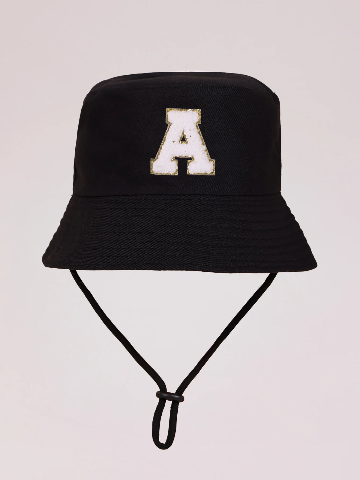 Black sun hat with a white letter A print and an adjustable cord