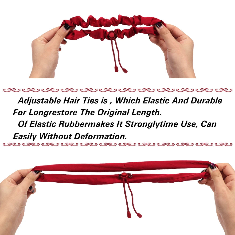 A pair of red satin scrunchies being held by hands, demonstrating their adjustable and durable design.