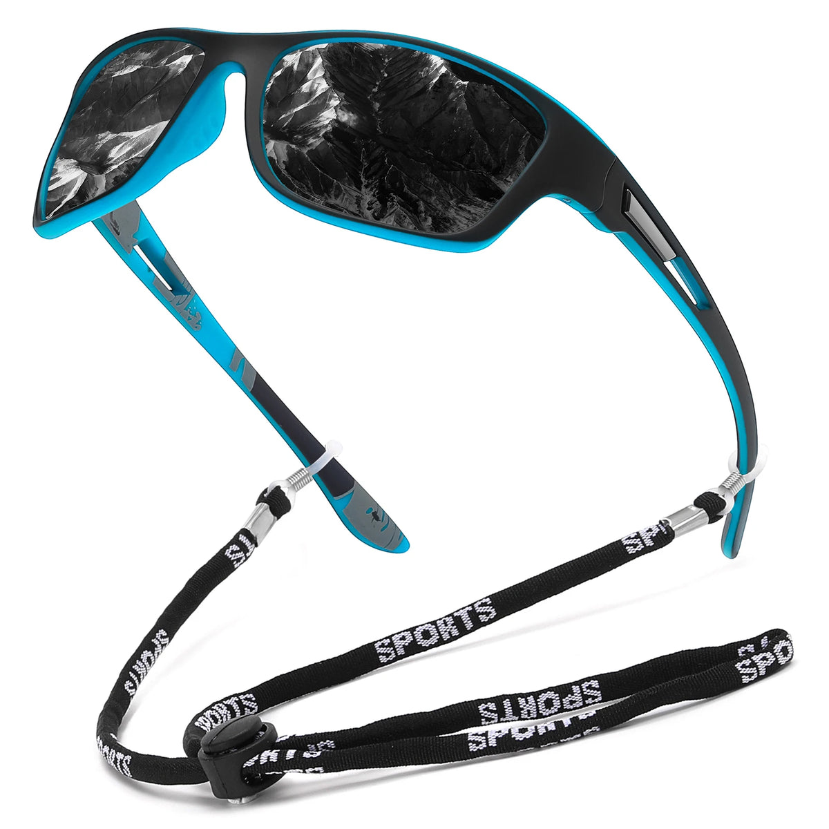 A pair of black and blue polarized outdoor sunglasses with a black strap is shown against a white background.