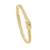 A gold Cuban link chain necklace with a square pendant and a bail.