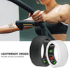 A close-up of a black silicone protector for an Oura ring, showing the inner ring with green and red lights.