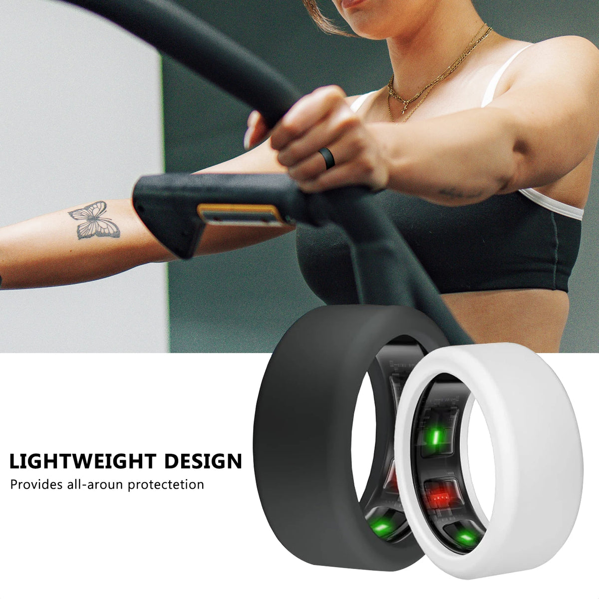 A close-up of a black silicone protector for an Oura ring, showing the inner ring with green and red lights.