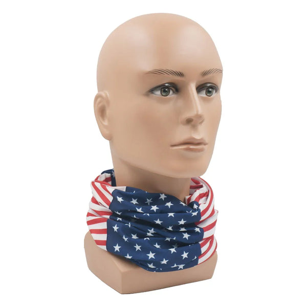 A realistic mannequin head wearing a patriotic American flag bandana neck gaiter.