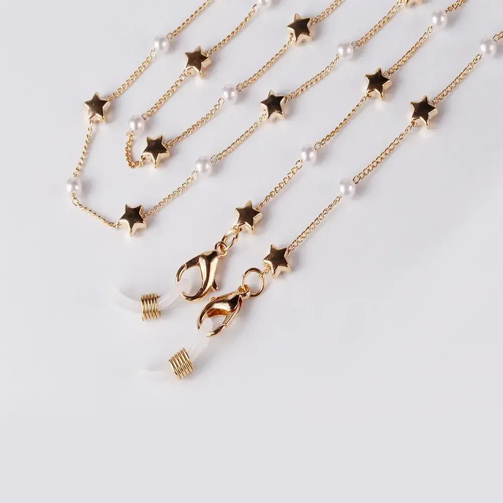 Gold chain lanyard with pearl beads and star charms for sunglasses