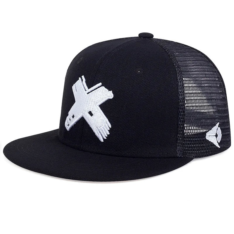 Black mesh baseball cap featuring a silver hand symbol embroidered on the front.