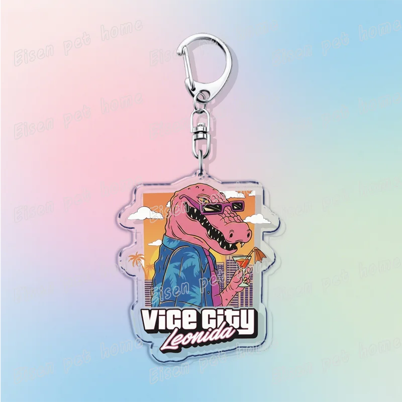 Silver pendant keychain featuring a pink cartoon dinosaur character with sunglasses and the text Vice City Leonida