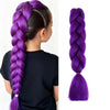 A woman shows off a long purple braided wig styled in a fishtail braid and finished with a ponytail.