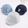Three denim baseball caps in light blue, dark blue, and gray for children aged 1 to 3 years