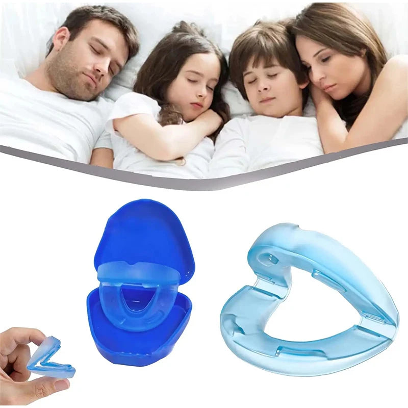 A pair of light blue double-layer dental braces for anti-snoring relief shown alongside a hand holding one brace.