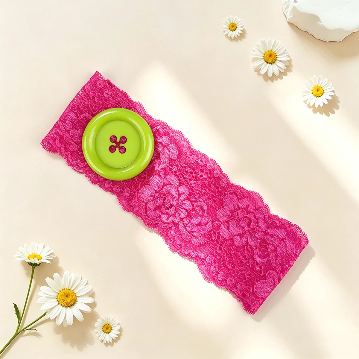 A pink lace headband with a lime green polka dot button, surrounded by white daisy flowers.