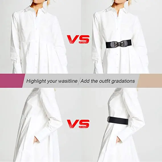 Comparison of a white shirt styled with a vintage leather elastic belt and outfit gradations