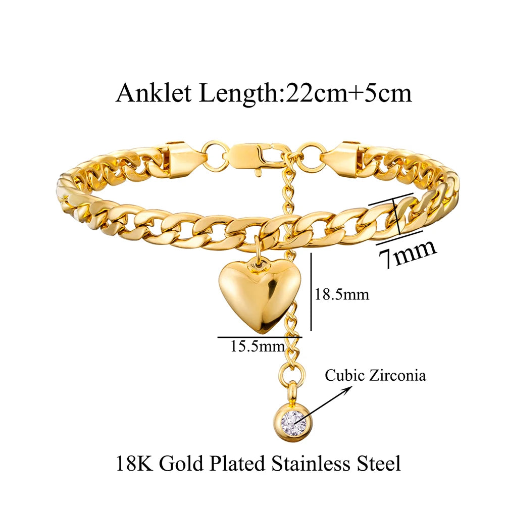 سوار قدم (أنكليت) من الفولاذ المقاوم للصدأ المطلي بالذهب، بتصميم Cuban link، مع قلادة على شكل قلب وحجر زيركوني