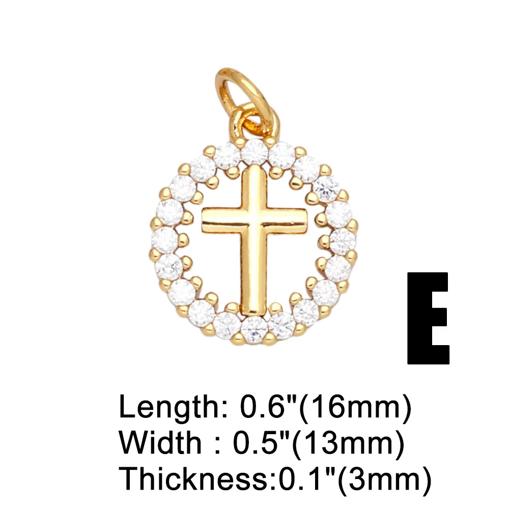 Gold plated cross charm with a circular halo design for jewelry making