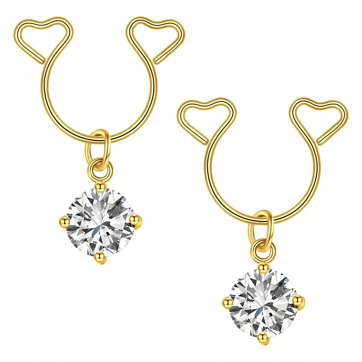 Gold heart dangle non-piercing nipple rings with cubic zirconia stones