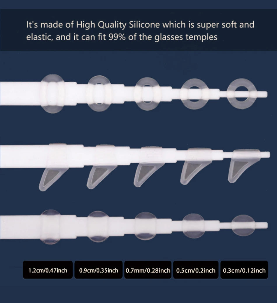 White silicone ear grip hooks designed to fit 99% of glasses temples.
