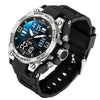A black and silver multi-function digital sports watch with a rotating bezel displaying time, date, and day, set against a da