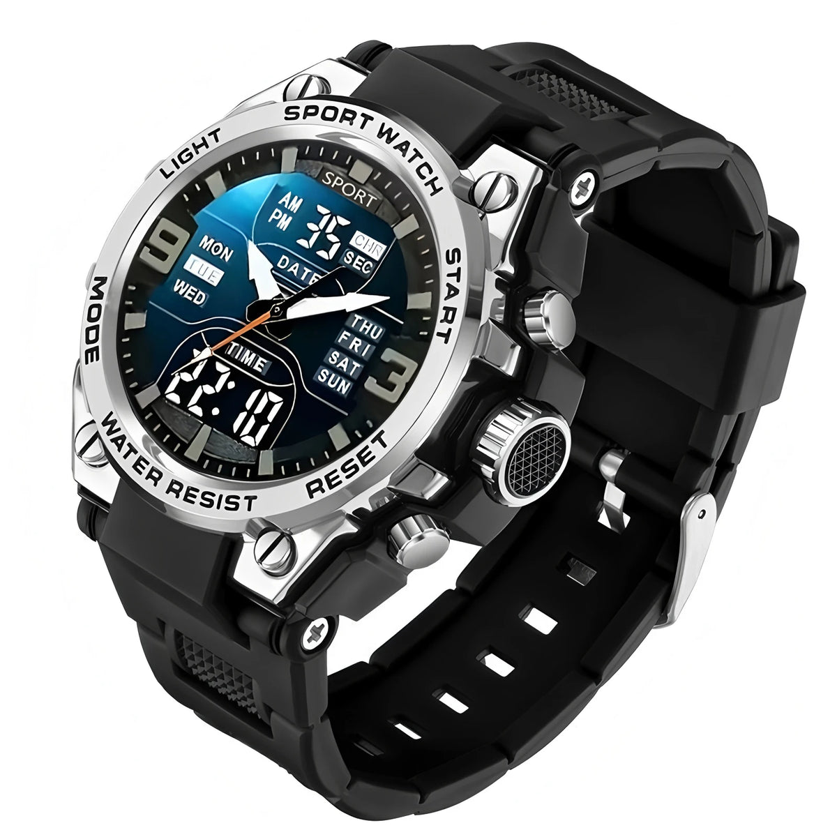 A black and silver multi-function digital sports watch with a rotating bezel displaying time, date, and day, set against a da