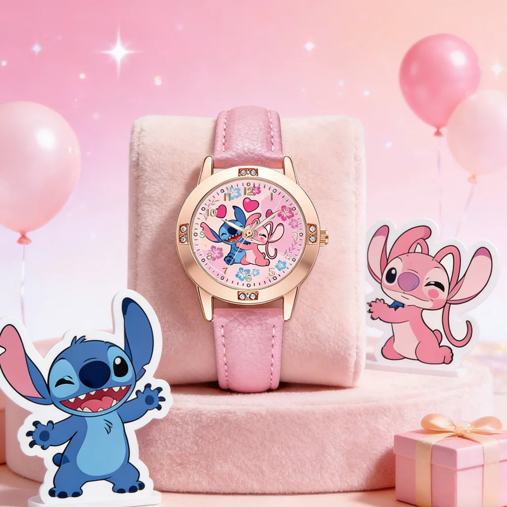 A pink wrist watch featuring a colorful dial and Stitch character on the face, resting on a pink fabric with Stitch figures.