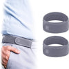Gray elastic waist belts shown on a person, with separate views of the belt and its packaging.