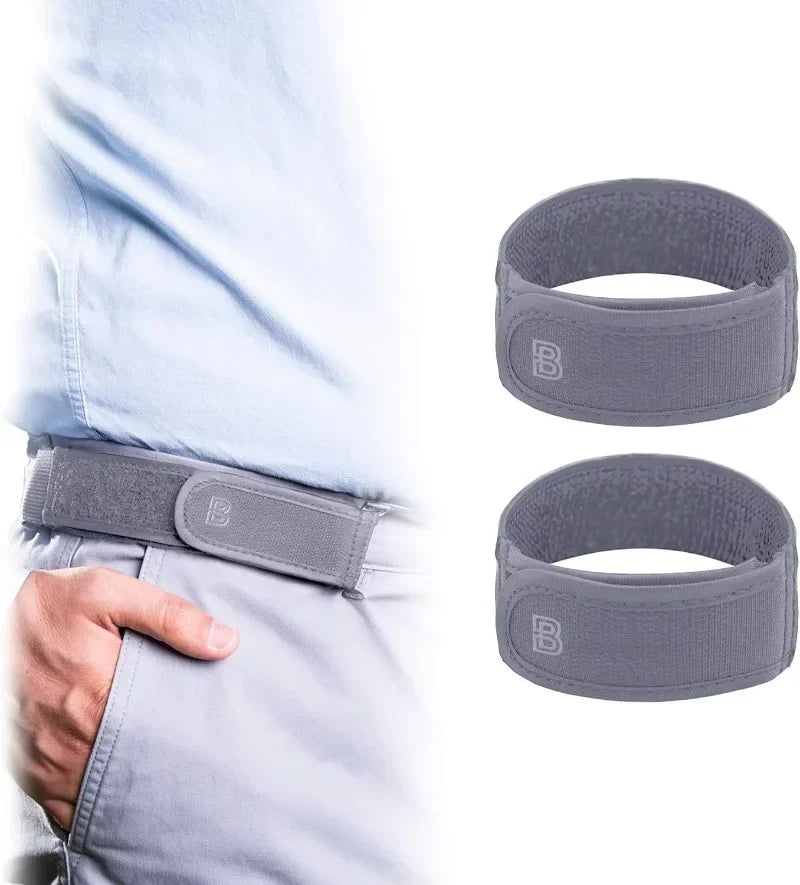 Gray elastic waist belts shown on a person, with separate views of the belt and its packaging.