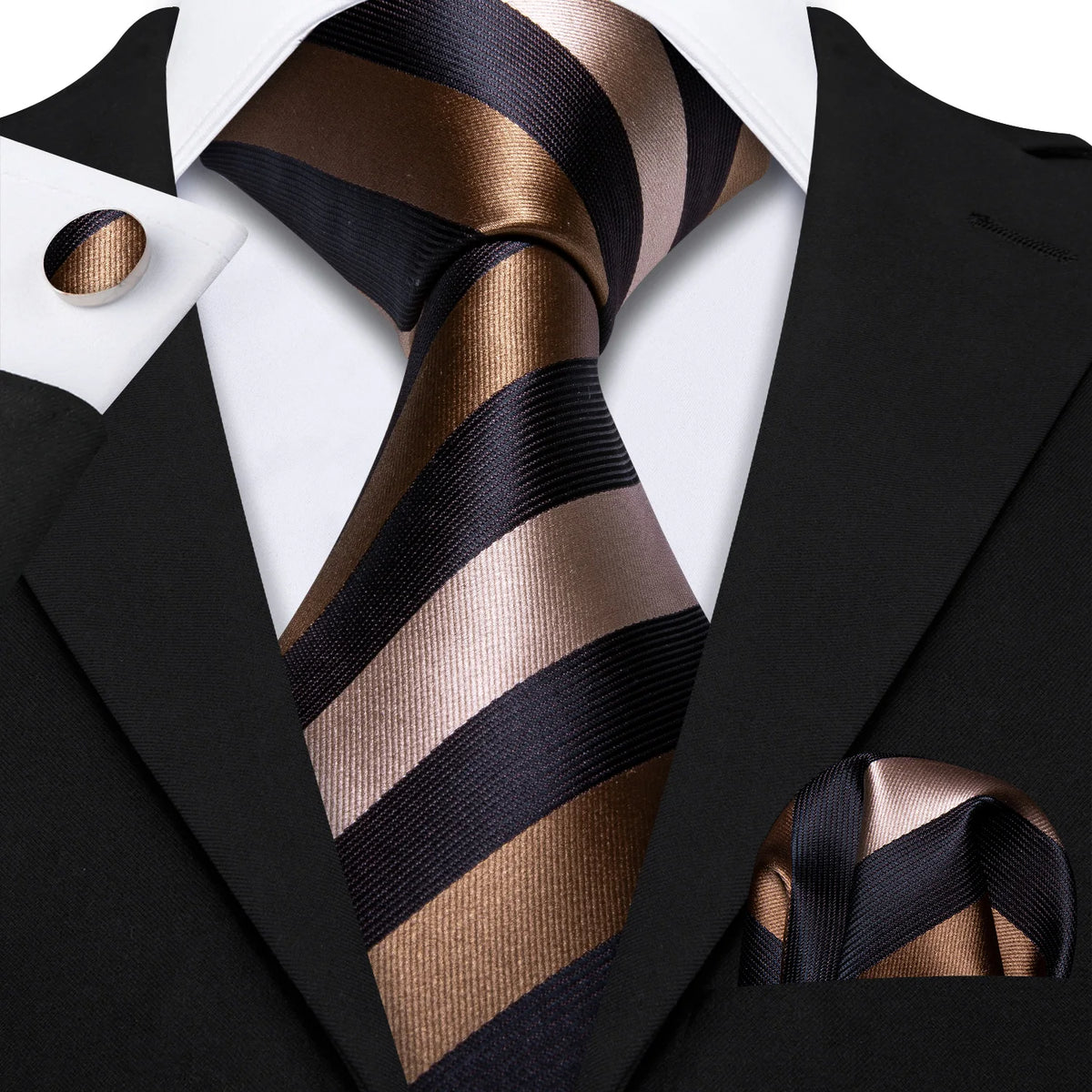 A close-up of a men's silk jacquard tie featuring diagonal stripes in black and bronze on a black suit jacket.