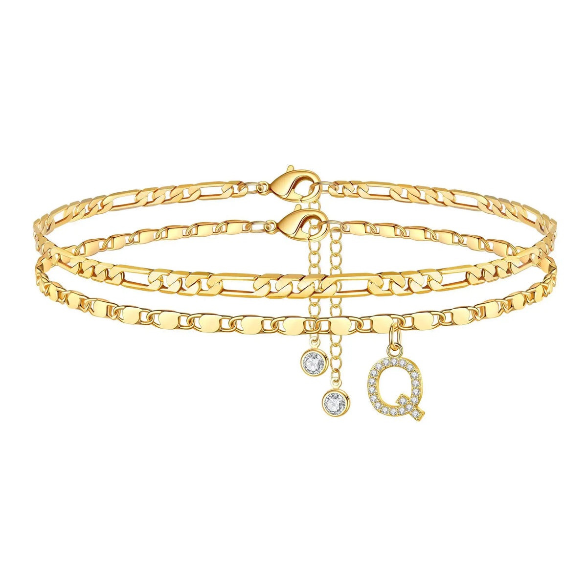 Gold plated initial letter anklet featuring a chain and a pearl-like charm.