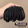 A hand is holding a bundle of black elastic hair ties, marketed as a 4-in-1 strengthening product.
