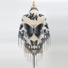 A mannequin displays an elegant printed butterfly lace scarf shawl with black and gray detailing.