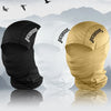 Three balaclava hats in black, white, and tan are displayed against a misty mountain background.