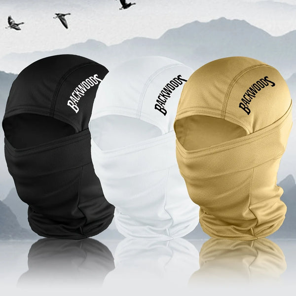 Three balaclava hats in black, white, and tan are displayed against a misty mountain background.