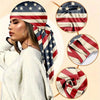 A woman models a square headscarf featuring the Puerto Rico flag pattern, shown alongside fabric swatches.