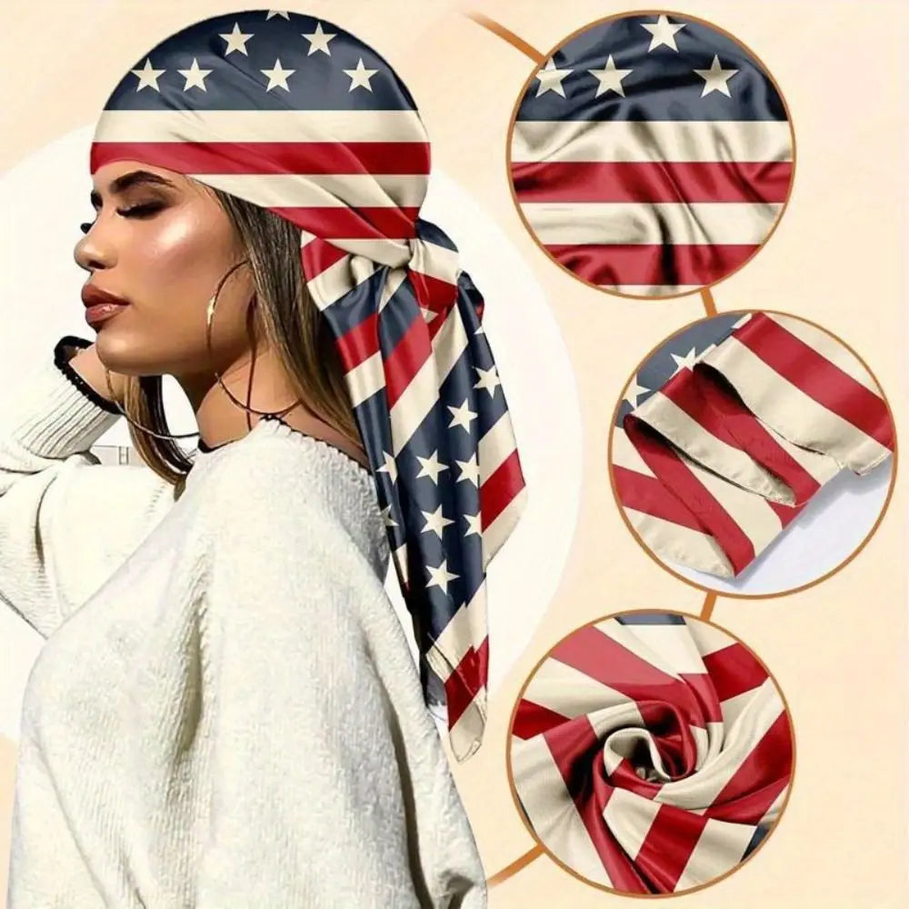 A woman models a square headscarf featuring the Puerto Rico flag pattern in red, white, and blue stripes and stars.