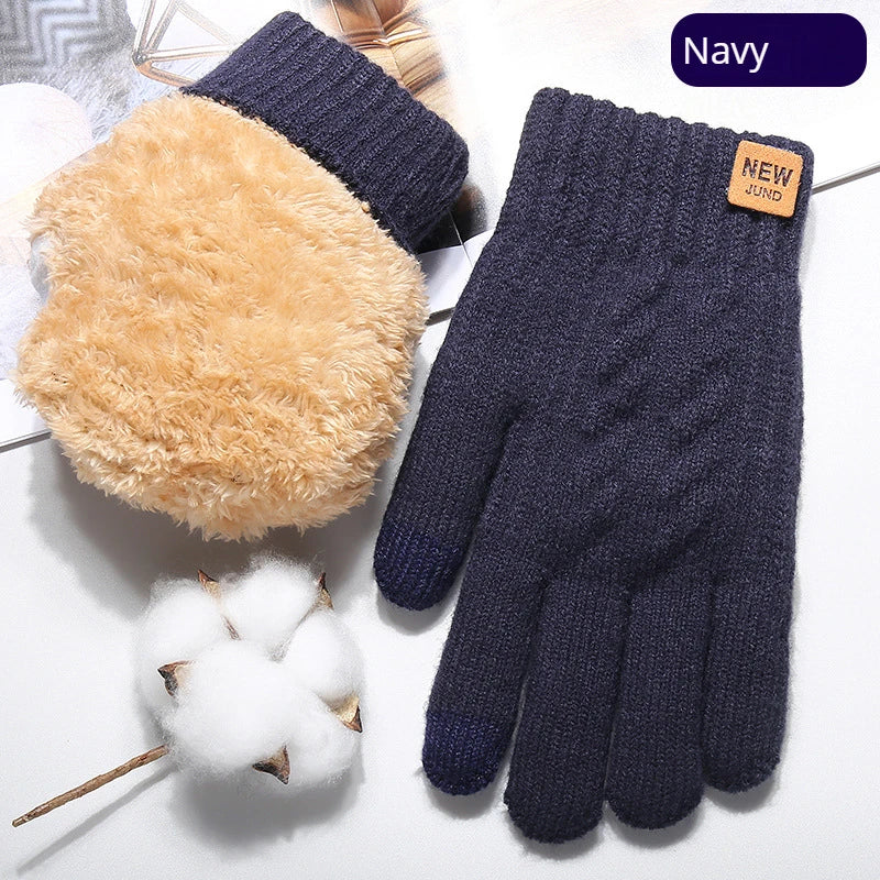 Gants d'hiver en tricot marine avec doublure en fausse fourrure beige et rembourrage en coton