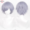 Primer plano de una peluca de cosplay plateada gris con capas, hecha de cabello sintético resistente al calor, exhibida en un