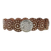 A collection of vintage brown PU disc belts with metal buckles arranged in a row.