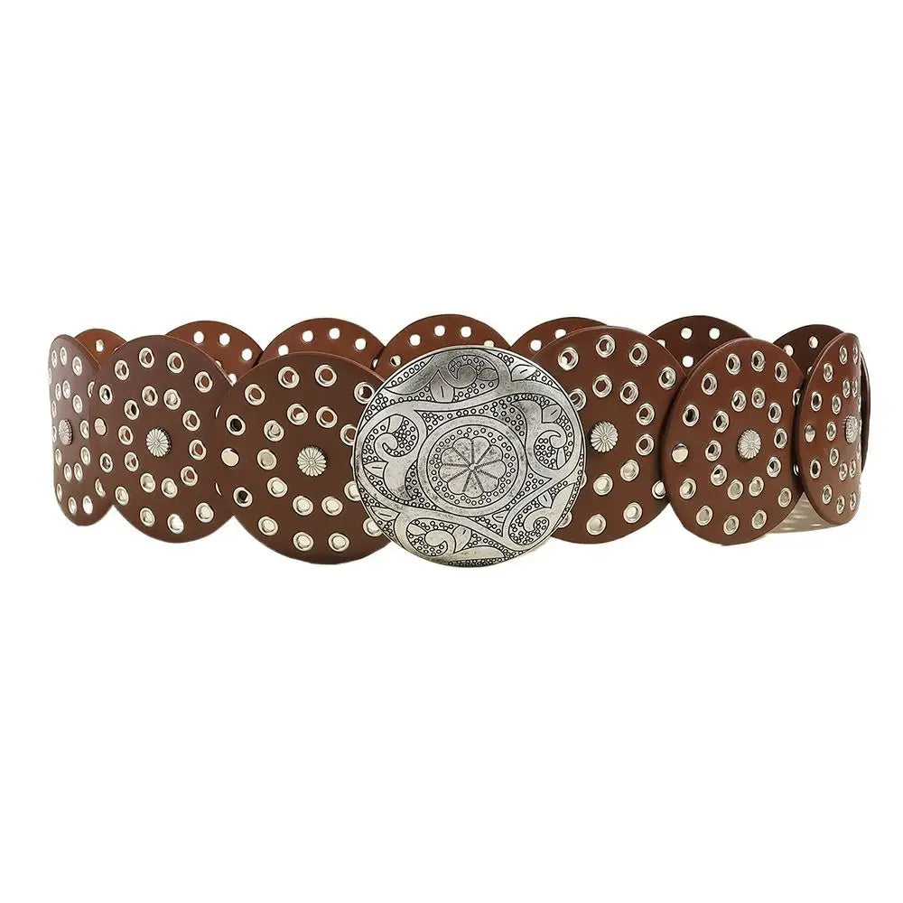 A collection of vintage brown PU disc belts with metal buckles arranged in a row.