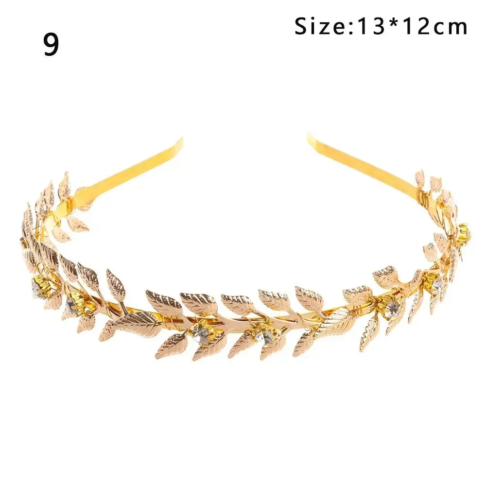 Gold leaf headband featuring delicate leaves and small clear stones for bridal or party wear