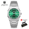 A silver stainless steel watch with a green dial and metal bracelet, presented with a gift box.
