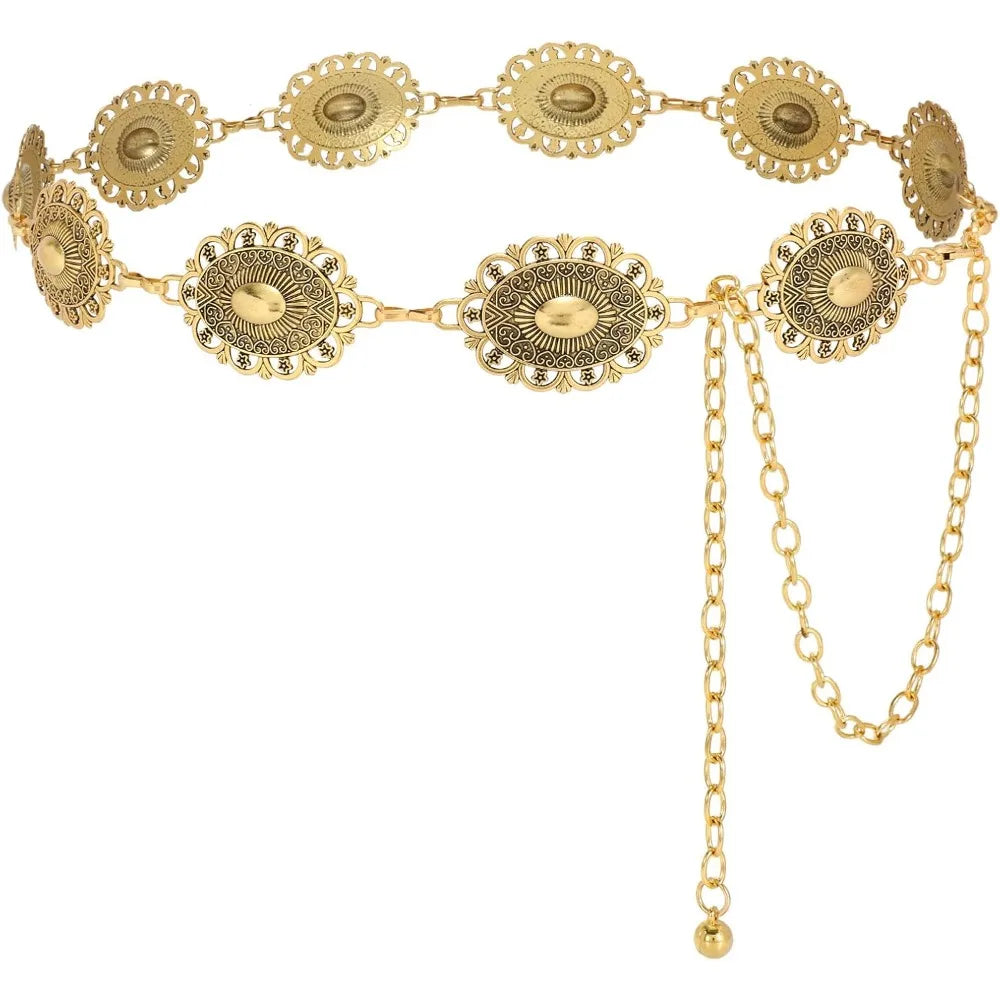 Goldene Cowgirl-Kettengürtel mit dekorativen runden Medaillons und langer Kette.