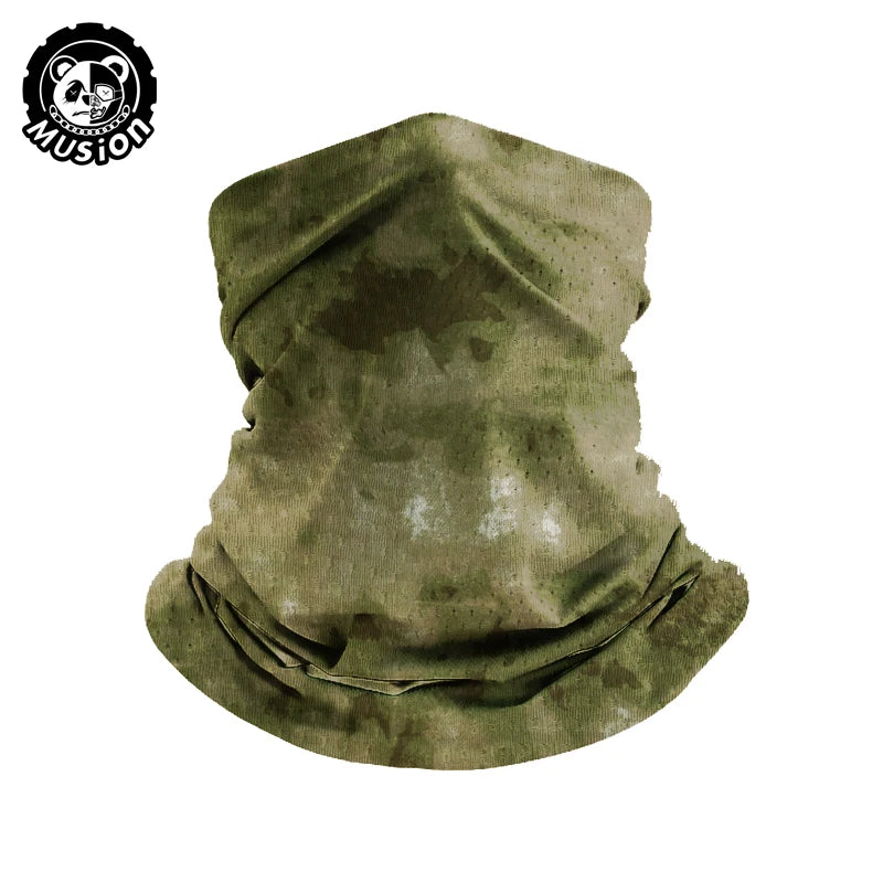 A dark olive green breathable motorcycle and outdoor mask scarf folded and displayed.