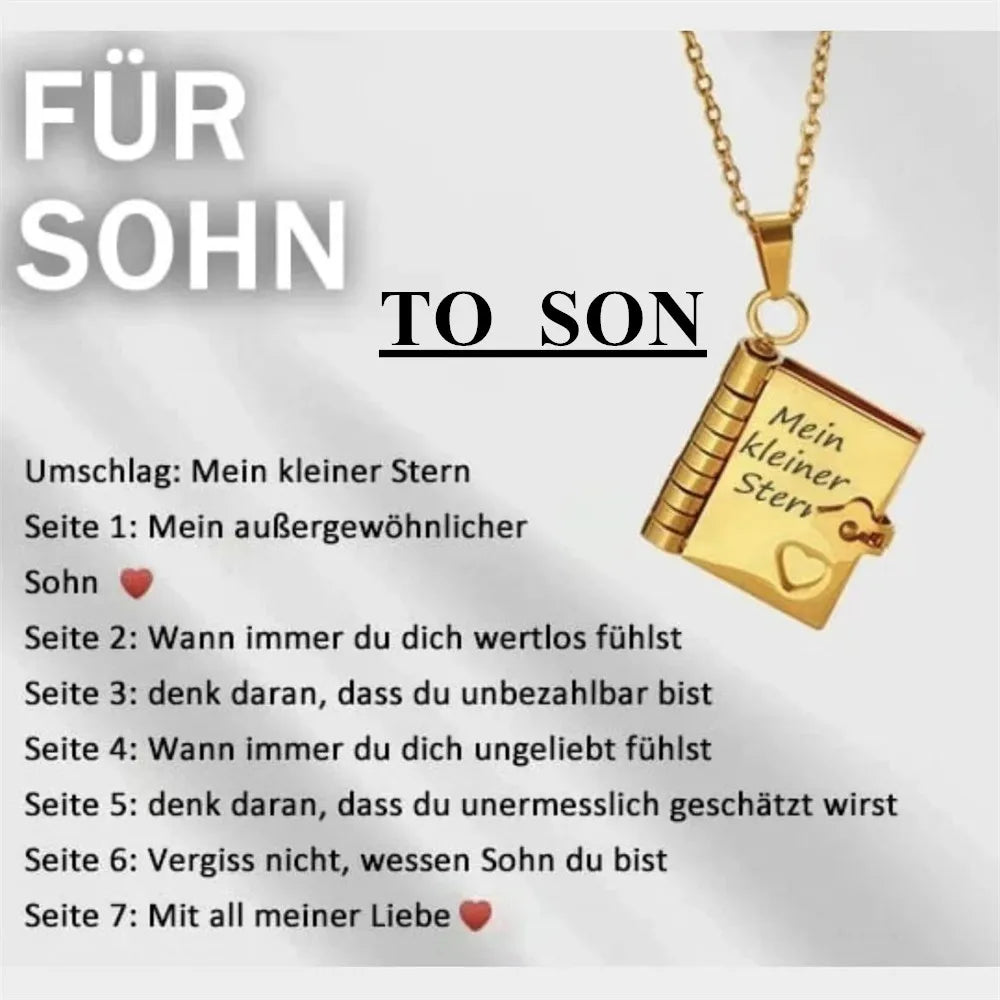 Goldene Anhängerkette mit graviertem Anhänger, der sieben Botschaften für einen Sohn zeigt