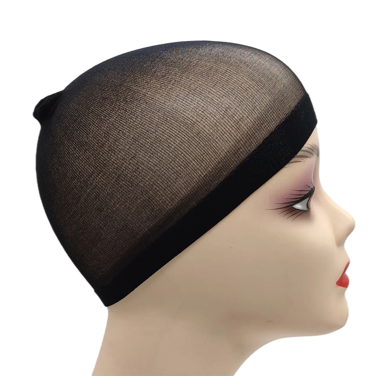 A close-up of a black stretch mesh wig net cap being worn on a mannequin head.