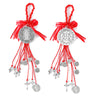 A set of red and silver Saint Benedict protection charms with ribbons and chains.