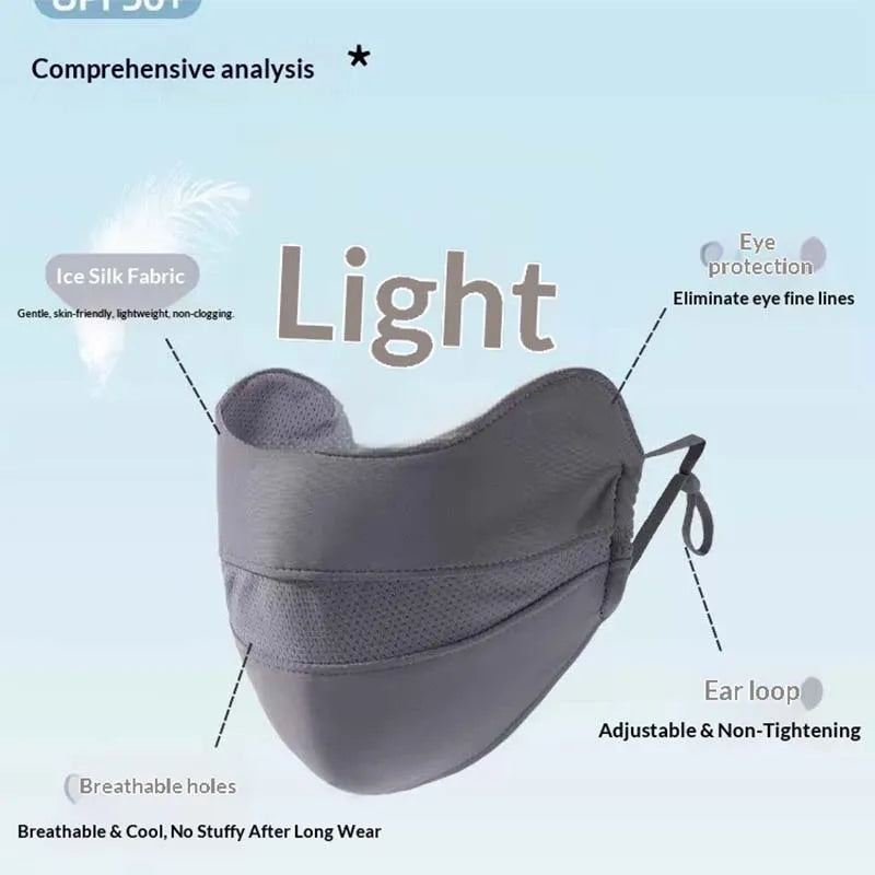 A light gray ice silk face mask designed for eye protection and featuring breathable holes.