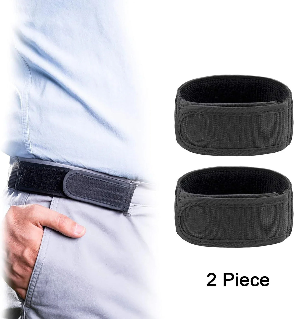 Two black elastic waist belts shown on a person's torso and separately.