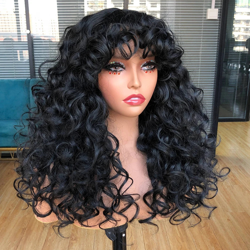 A dark black curly wave wig with bangs displayed on a mannequin.