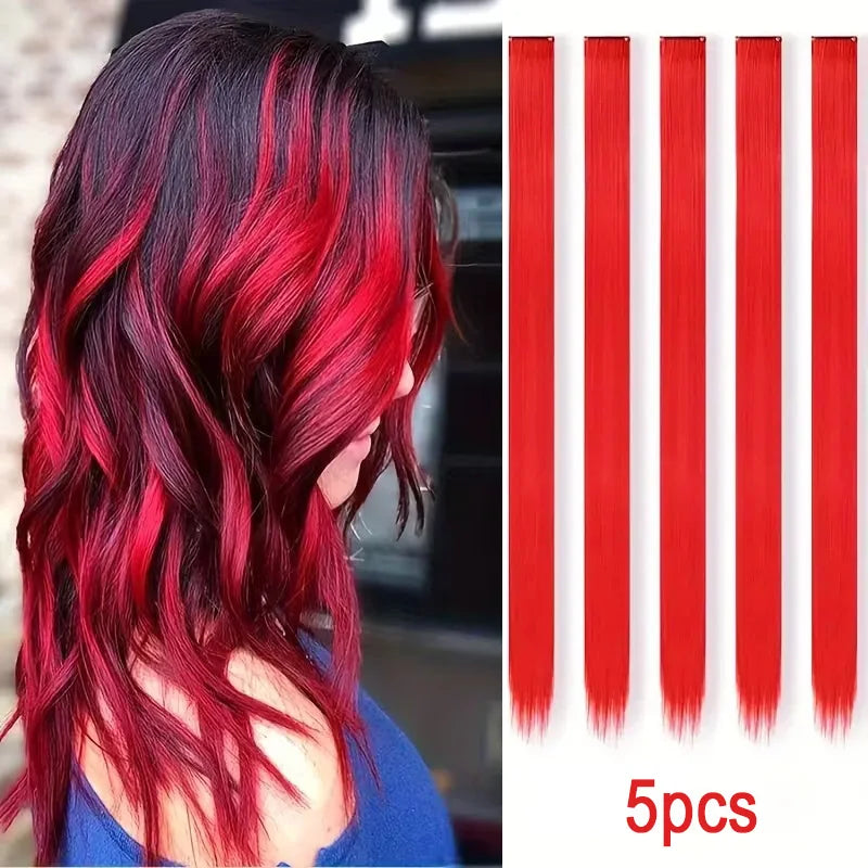 Un set de cinco extensiones de cabello rojo liso de 20 pulgadas mostradas verticalmente.