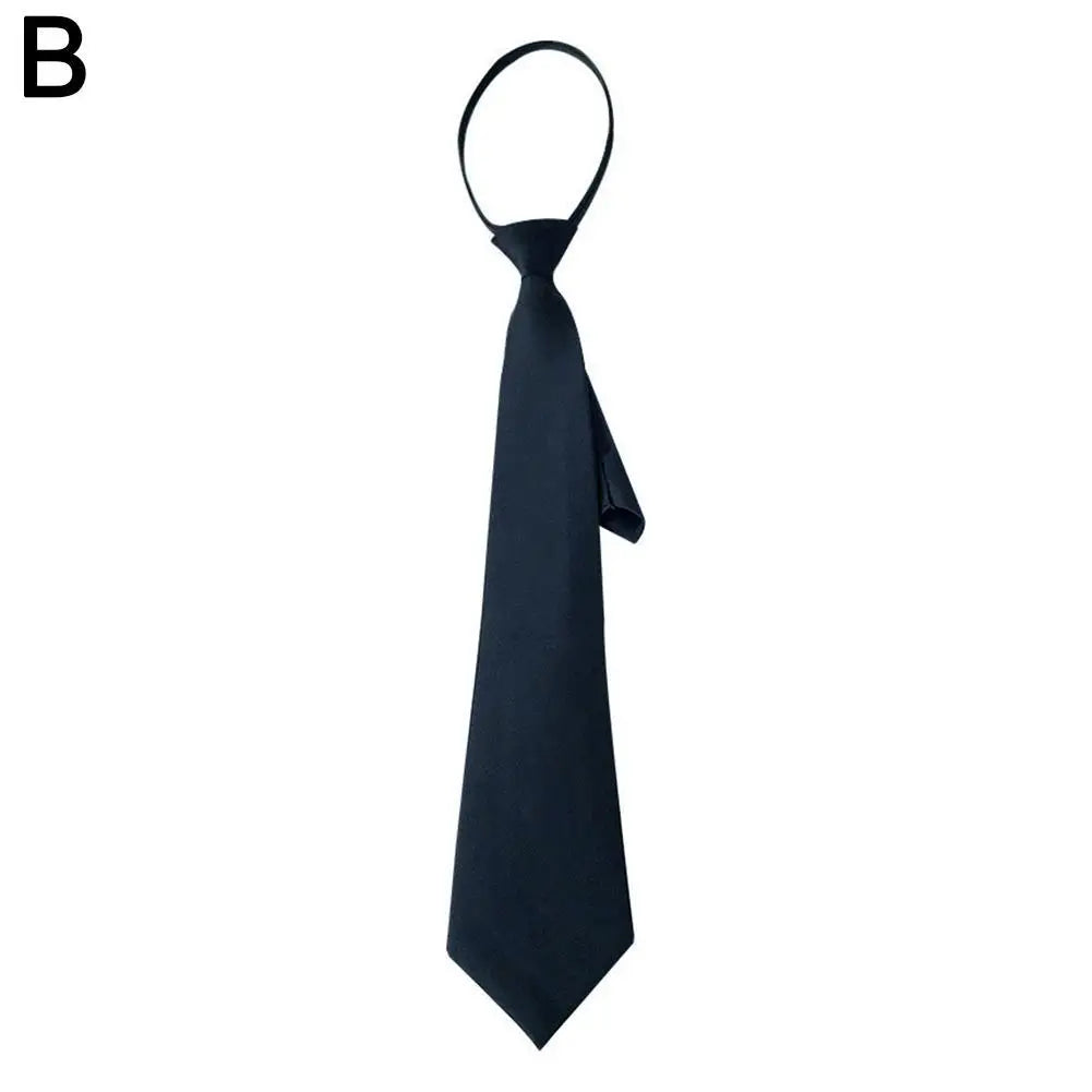 A dark blue or black clip-on tie for shirts and suits.