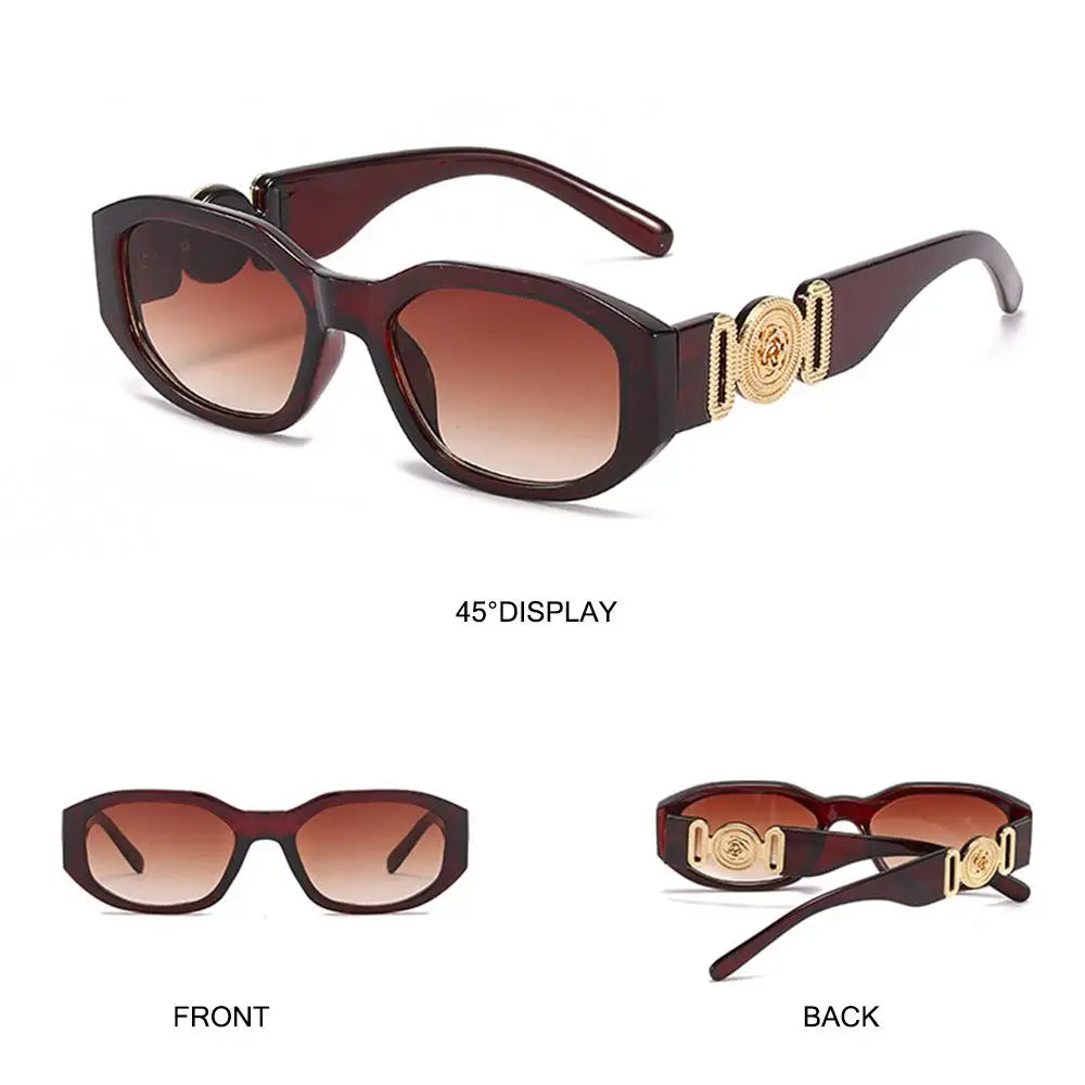 Brown sunglasses with gold metal detail shown from the front and back views.